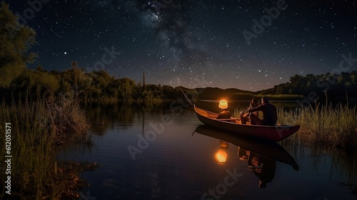 Night Fishing Adventure Under a starry sky. Generative ai.