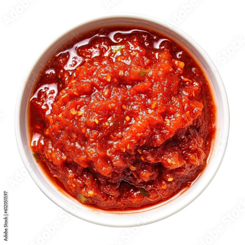 Spicy chilly sambal traditional sauce in white bowl top view