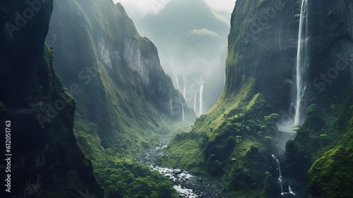 Mystical Misty Valley With Towering Waterfalls. Generative ai.