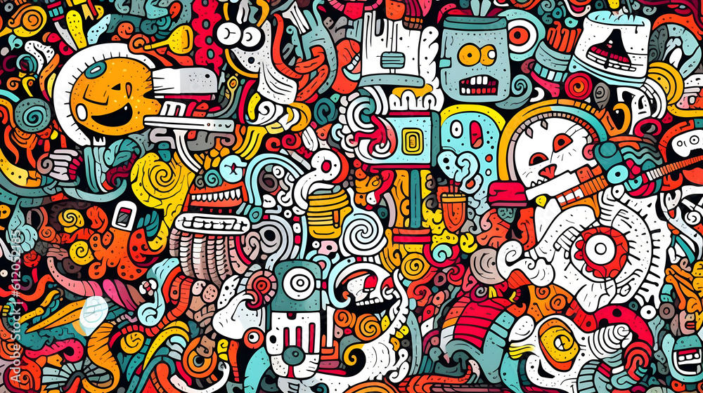 Playful doodle background, featuring intricate patterns, swirls, and doodles inspired by nature, animals, abstract shapes, flowers, suns, clouds, and smiling faces, created with Generative AI Playful doodle background, featuring intricate patterns, swirls, and doodles inspired by nature, animals, abstract shapes, flowers, suns, clouds, and smiling faces, created with Generative AI