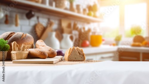 Selective focus.Food or cooking concepts with variety ingredient and fresh vegetable on kitchen counter island in morning.generative ai technology