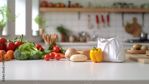 Selective focus.Food or cooking concepts with variety ingredient and fresh vegetable on kitchen counter island in morning.generative ai technology