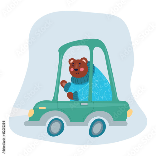 Cute bear in funny car. Animal driver, pet vehicle and happy bear in car kid vector cartoon illustration