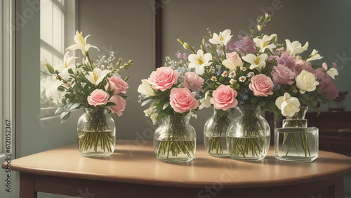 Warm sunlight pink rose arrangements in glass vases by the windowsill wooden table
