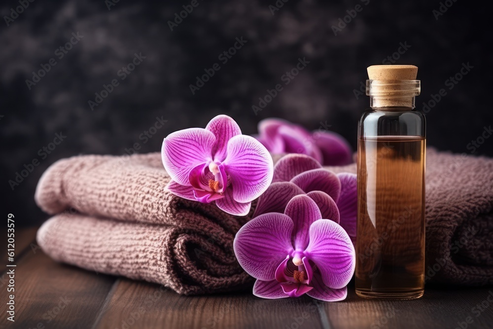 Spa still life with essential oil bottles soft towels and purple color orchid flower, generative ai Spa still life with essential oil bottles soft towels and purple color orchid flower, generative ai