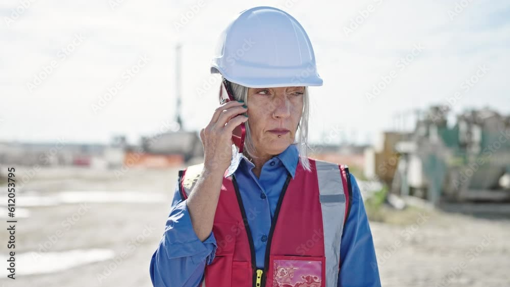 Middle age grey-haired woman builder talking on smartphone at street