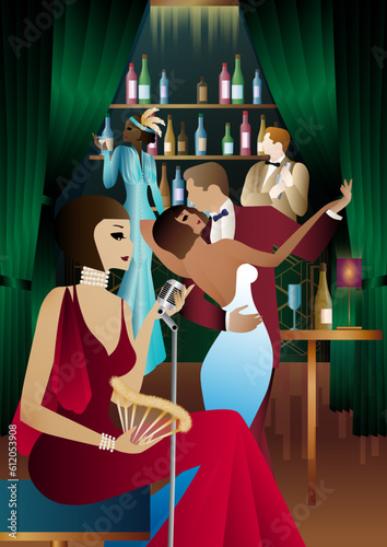 night club with singer on stage and people dance and drink alcohol. Vector illustration of live concert in cafe or restaurant with singer on scene and dancers