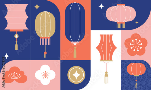 Chinese, Asian background, pattern. Lanterns, ornaments and flowers. Chinese New Year, Mid Autumn Festival background, banner and greeting card. Flat minimalist geometric design
