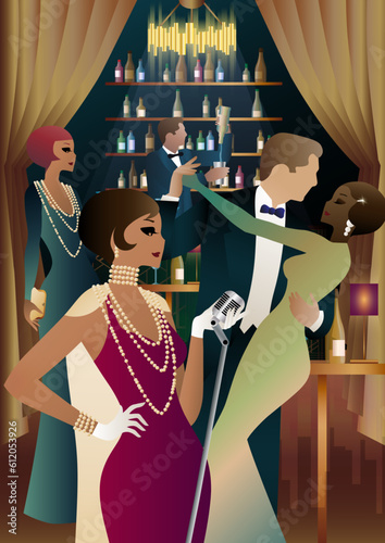 night club with singer on stage and people dance and drink alcohol. Vector illustration of live concert in cafe or restaurant with singer on scene and dancers