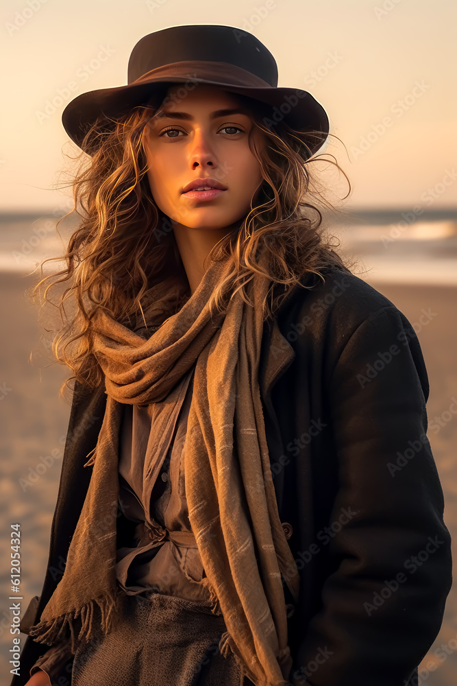 Cinematic photography of young woman wearing a hat. Adventure survivalist sit down, brown eyes, brown wavy bob hairs, cowboy hat, brown scarf, Joyful, natural lighting. Generative Ai. Cinematic photography of young woman wearing a hat. Adventure survivalist sit down, brown eyes, brown wavy bob hairs, cowboy hat, brown scarf, Joyful, natural lighting. Generative Ai.