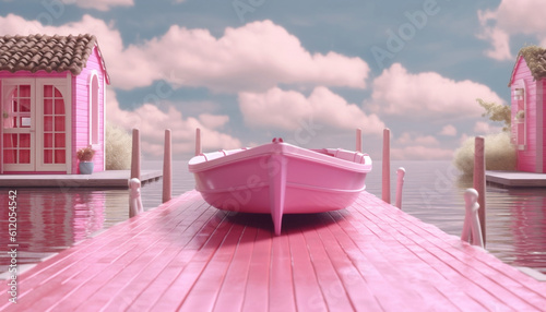 Summer pink boat dock with pink motor boat, sunshine with empty space. Trendy summer minimal concept