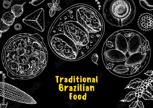 Brazilian food top view vector illustration. Food menu design template. Hand drawn sketch. Brazilian food menu. Moqueca, Acaraje, Brazilian kibe, Brigadeiro, Esfiha, Churrasco. Traditional Cuisine