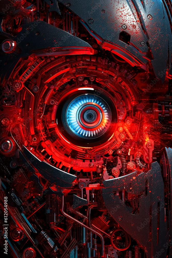 A red glowing robotic eye. LED effects, futuristic aesthetic, intricate designs of mechanical realism, glowing eye, advanced machinery and cybernetic wonders. Generative Ai. A red glowing robotic eye. LED effects, futuristic aesthetic, intricate designs of mechanical realism, glowing eye, advanced machinery and cybernetic wonders. Generative Ai.