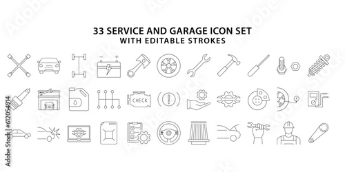 Car service and garage line icon set. Car service icon set with editable stroke. Car icon collection. Car service and repair icons element. Set of 33 Auto service and garage web icons in line style.