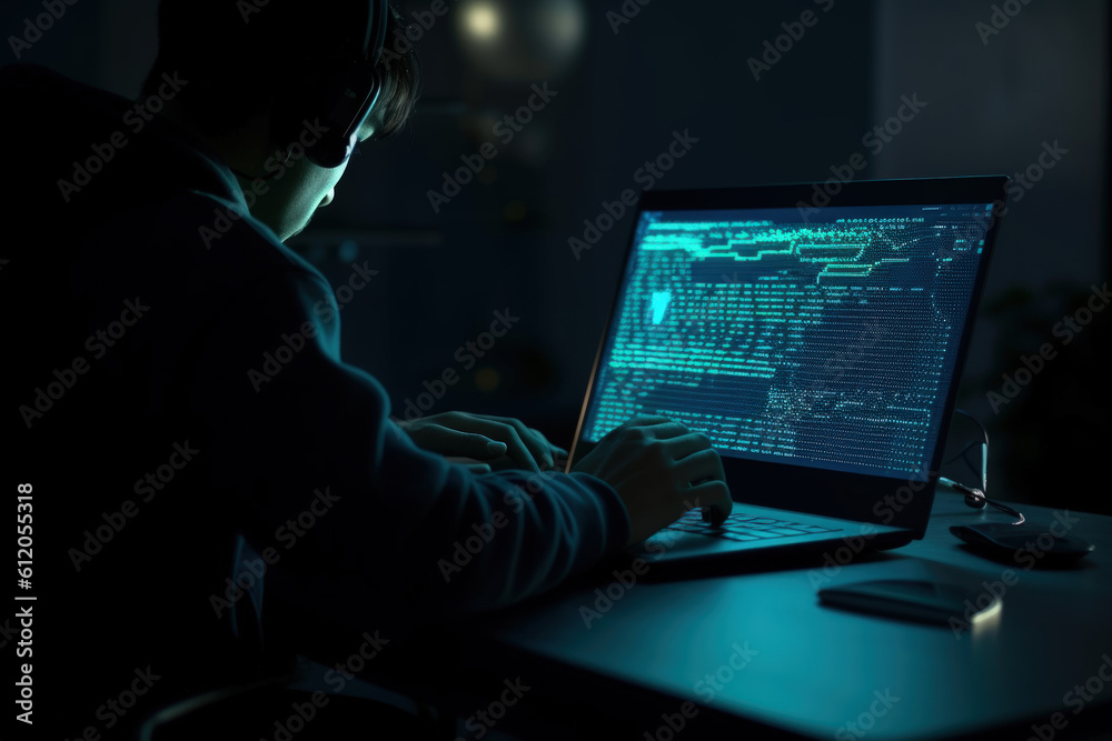 hacker is working on a laptop with java coding on screen at a desk in a ...