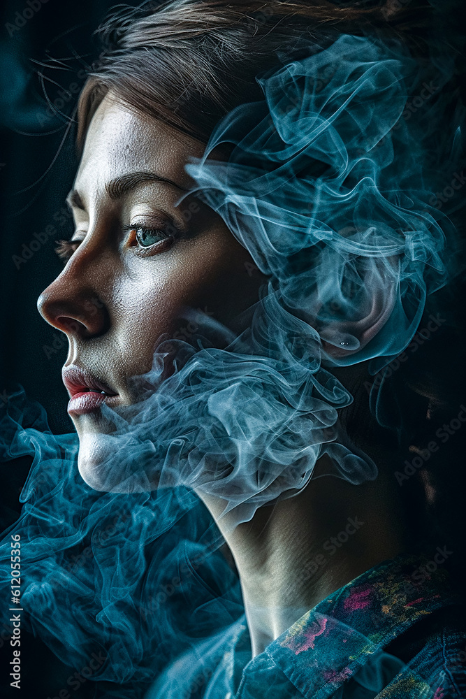 a close-up portrait photoshoot of a beautiful model girl smoking a cigarette. Generative AI.