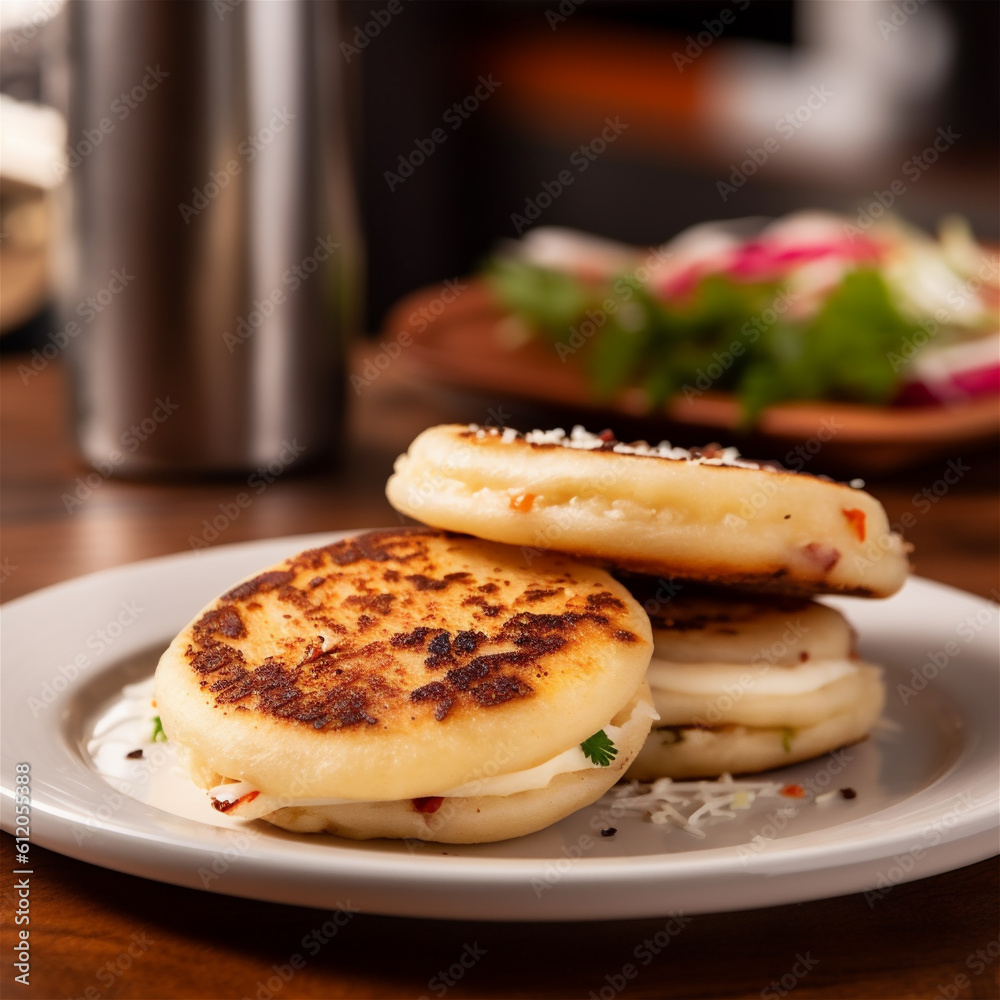 Roasted traditional corn arepas on a plate with cheese. Ai generated