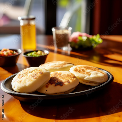 Roasted traditional corn arepas on a plate, filled with cheese and chicken. Ai generated