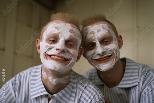 Two brothers with shaving foam on their faces have fun spending time together. Ai Generative AI
