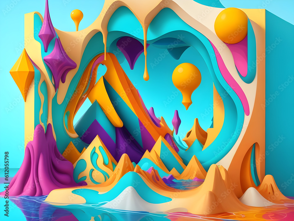 mountain, 3d, landscape, 3d mountain, trippy, sky, mountains, fantasy, climb, low poly, geometric, river, view, nature, psychedelic, surreal, isometric, design, abstract, colorful, cactus, blue sky
