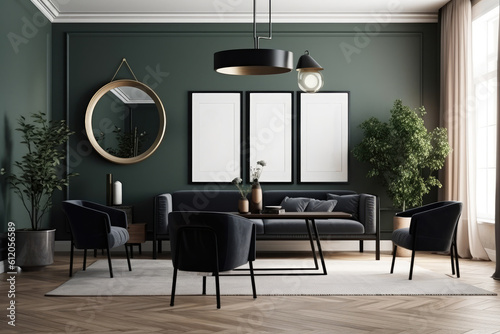 Interior of modern living room with green walls, gray sofa standing near round coffee table with black armchairs and posters, Mockup poster frame on the wall of a luxurious apartment, AI Generated