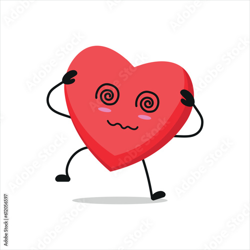 Dizzy heart character. Confused heart get hypnotyze with hand cartoon emoticon in flat style.