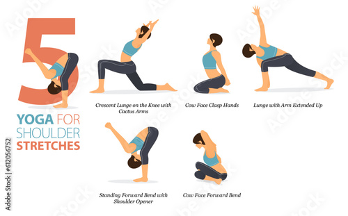 5 Yoga poses or asana posture for workout in shoulder stretches concept. Women exercising for body stretching. Fitness infographic. Flat cartoon vector.