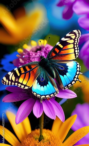 Multi-colored butterfly on a background of flowers
