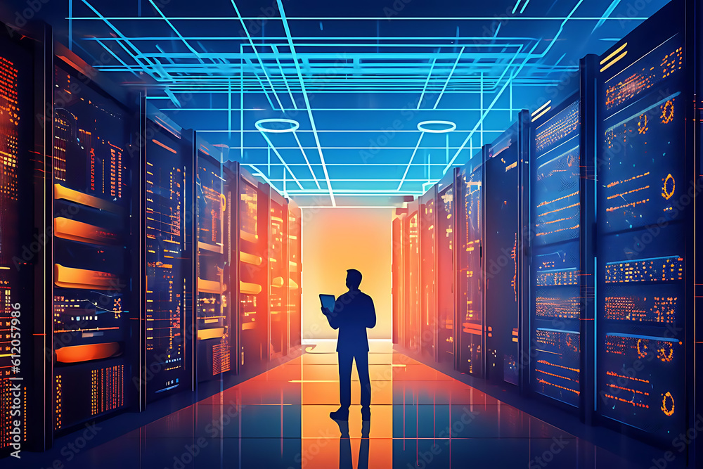 Businessman/engineer standing in a server room, eyes in the future. Future proof server solutions concept. Businessman/engineer standing in a server room, eyes in the future. Future proof server solutions concept.