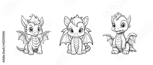 contour image of a cartoon baby dragon on a white background. Vector illustration