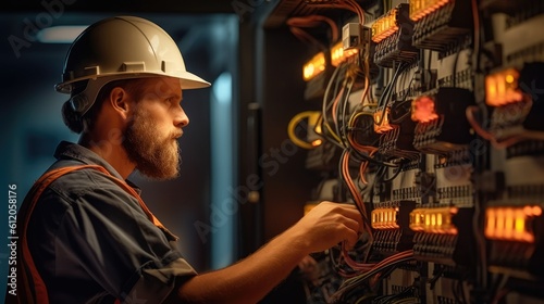 Man in a hard hat is working on an electrical panel. Generative AI