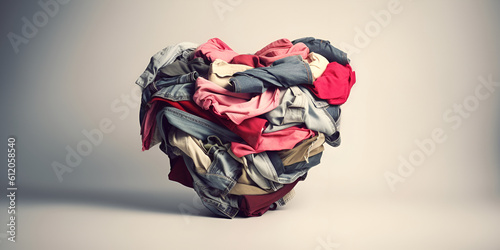Big pile of old, used colorful clothes folded to form a heart, concept with free space. Generative AI.