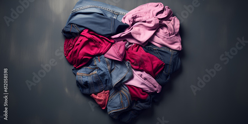 Big pile of old, used clothes folded to form a heart. Concept with free space on dark background. Generative AI.