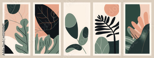 Modern minimalist abstract aesthetic illustrations with plants. Contemporary wall decor. Collection of creative artistic posters, Generative AI