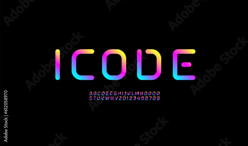 Technical bright font, digital rounded alphabet, trendy Latin letters from A to Z and Arab numbers from 0 to 9 for you designs, vector illustration 10EPS