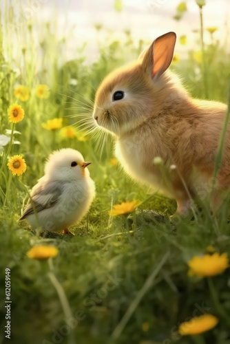 Easter bunny and chick in the meadow with dandelions. Generative AI.