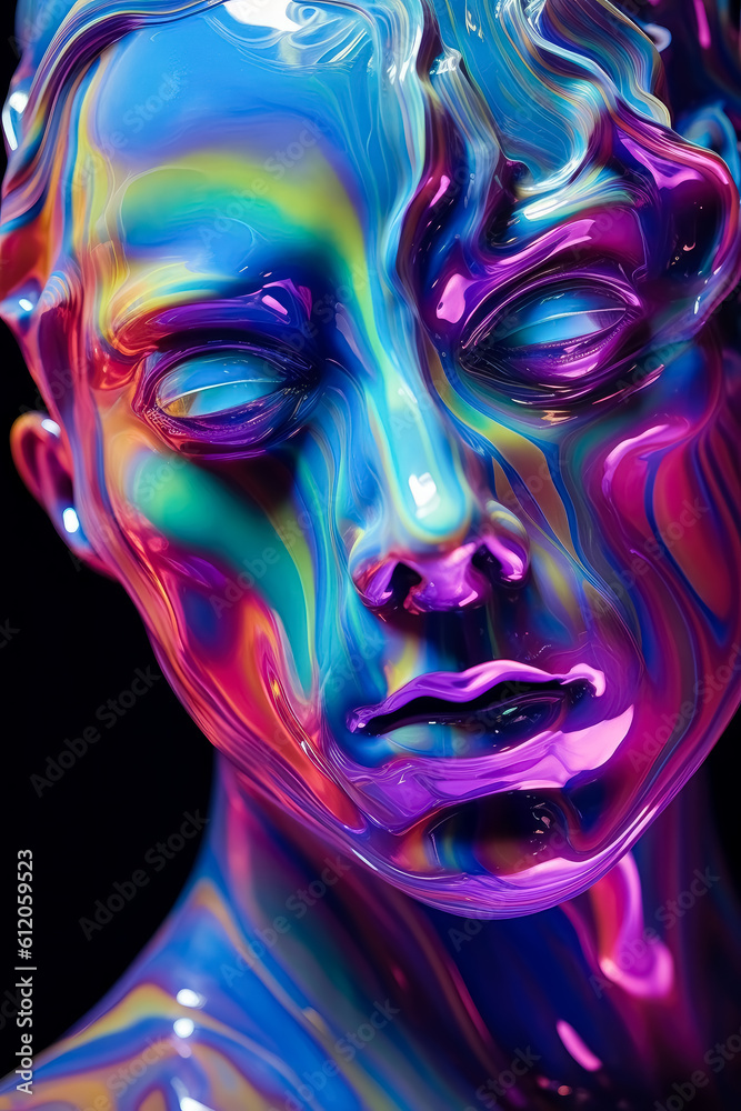 Holographic art, Fluid forms face portrait, biomorphic translucent portraiture, abstract liquid translucency, flowing and solid, clean lines, minimalism, dramatic lighting. Generative Ai. Holographic art, Fluid forms face portrait, biomorphic translucent portraiture, abstract liquid translucency, flowing and solid, clean lines, minimalism, dramatic lighting. Generative Ai.
