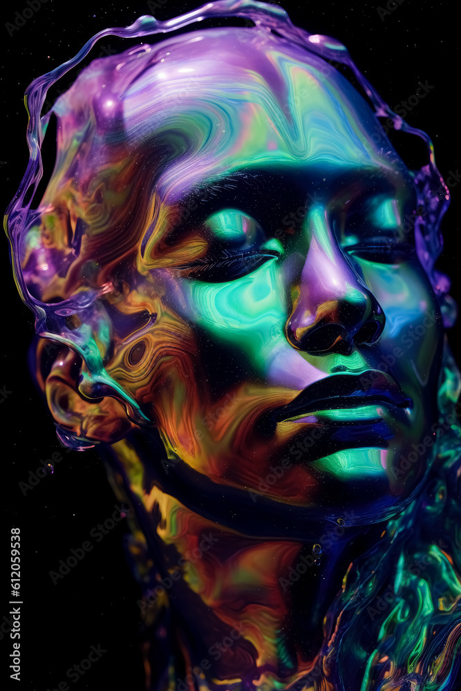 Holographic art, Fluid forms face portrait, biomorphic translucent portraiture, abstract liquid translucency, flowing and solid, clean lines, minimalism, dramatic lighting. Generative Ai. Holographic art, Fluid forms face portrait, biomorphic translucent portraiture, abstract liquid translucency, flowing and solid, clean lines, minimalism, dramatic lighting. Generative Ai.