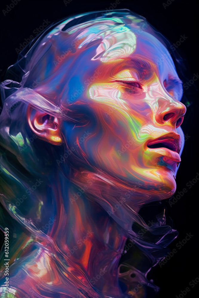 Holographic art, Fluid forms face portrait, biomorphic translucent portraiture, abstract liquid translucency, flowing and solid, clean lines, minimalism, dramatic lighting. Generative Ai. Holographic art, Fluid forms face portrait, biomorphic translucent portraiture, abstract liquid translucency, flowing and solid, clean lines, minimalism, dramatic lighting. Generative Ai.