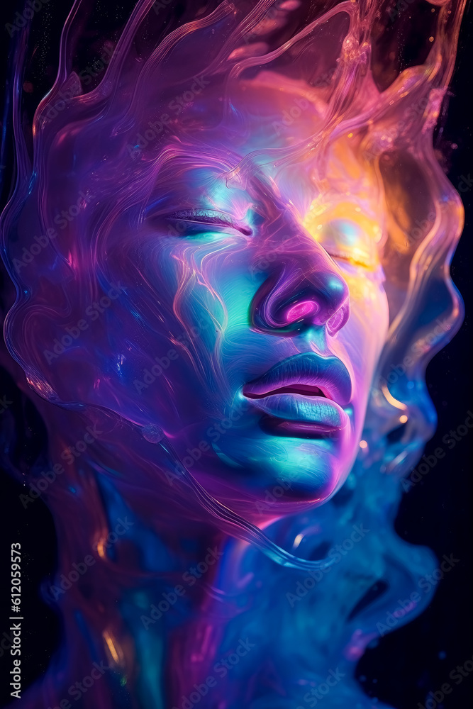 Holographic art, Fluid forms face portrait, biomorphic translucent portraiture, abstract liquid translucency, flowing and solid, clean lines, minimalism, dramatic lighting. Generative Ai.