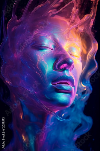 Holographic art, Fluid forms face portrait, biomorphic translucent portraiture, abstract liquid translucency, flowing and solid, clean lines, minimalism, dramatic lighting. Generative Ai.