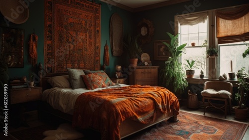 Bedroom decor, home interior design . Bohemian Eclectic style with Wall Hanging decorated with Textile and Wood material . Generative AI AIG26. photo