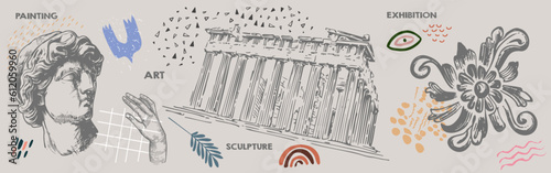 Art posters for exhibition of painting, culture, sculpture, music and design. Ancient ruins, goddess statue. Creative exhibition flyer or poster design template with abstract art elements and shapes.