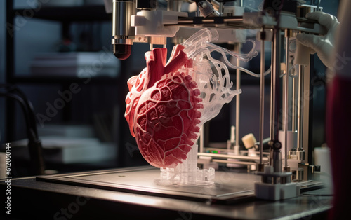 Artificial human heart 3d printed with biocompatible organ materials.