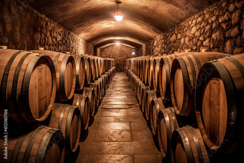 Tela winery with wine wooden barrels. generative ai