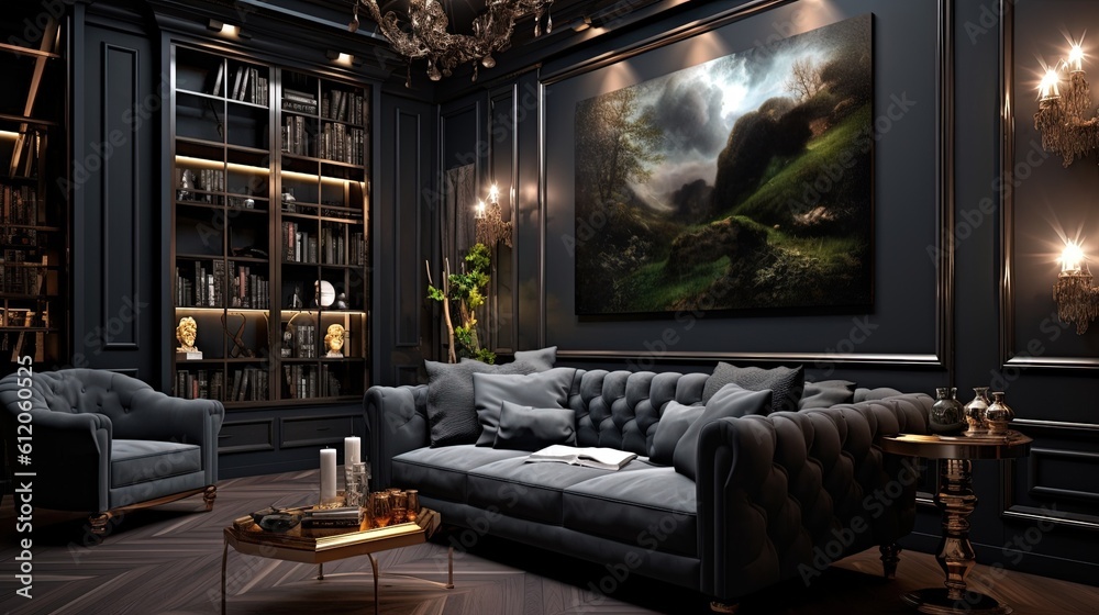 Luxury dark living room interior with gray sofa. Generative AI. Digital ...