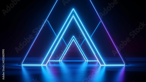 3d render, neon lights, abstract background, glowing lines, virtual reality, blue triangular arch, ultraviolet, infrared, spectrum vibrant colors, laser, Generative AI