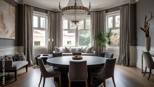 Interior design of Dining Room in Transitional style with Chandelier decorated with Linen Drapes, Wallpaper material. Modern architecture. Generative AI AIG24. photo