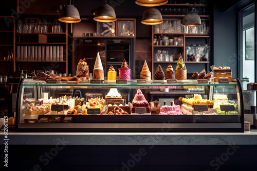 Glass showcase with fresh delicious variety of ice cream and sweets in the shop. Sweet Dreams. Generative AI