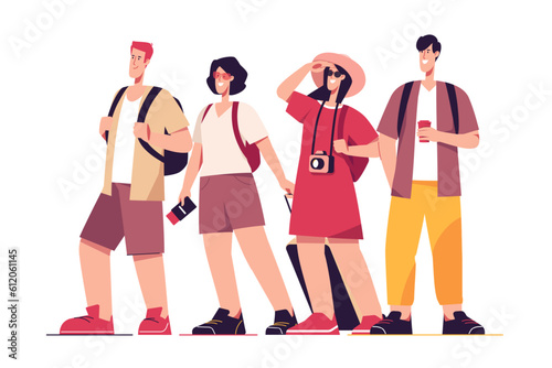 Vector illustration of a group of happy friends tourists travelers